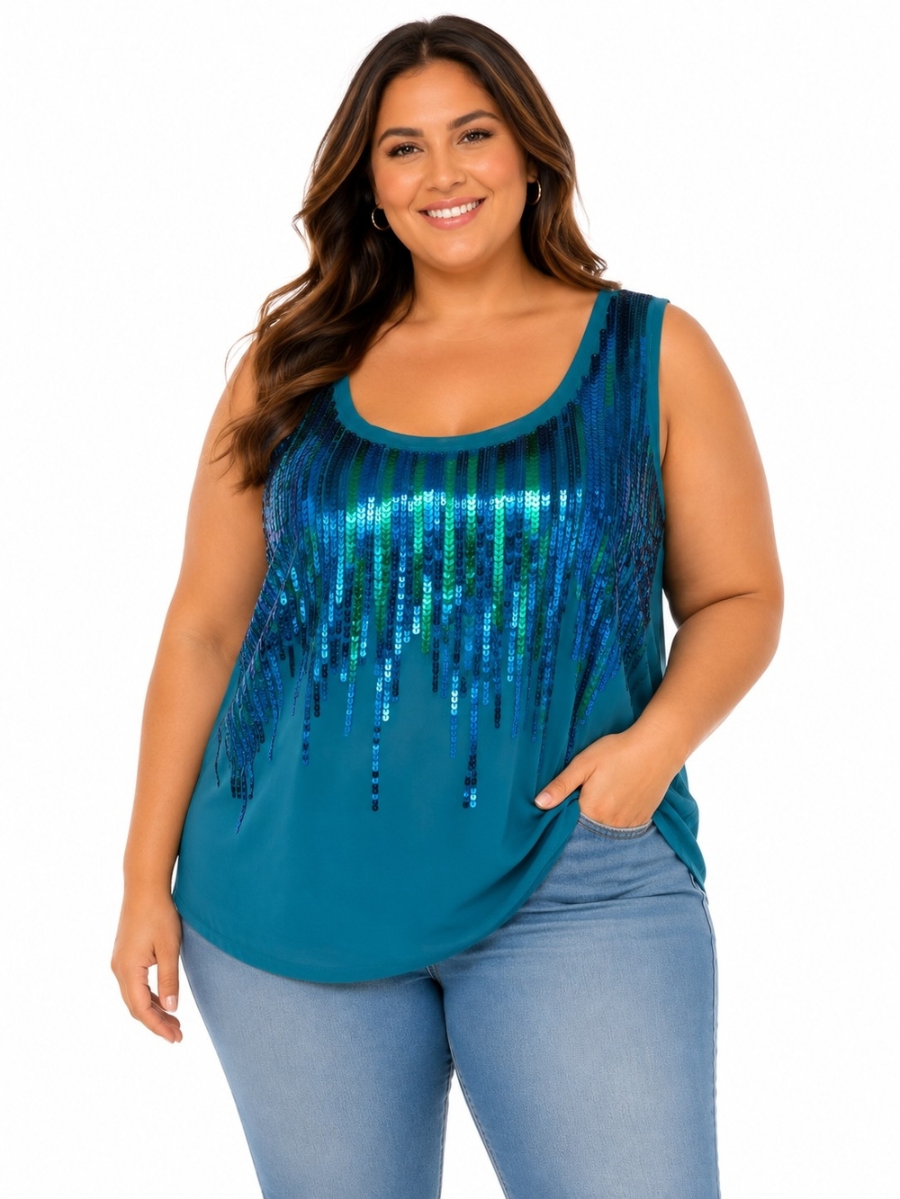 Lane Bryant Teal Sequin Scoop Neck Tank